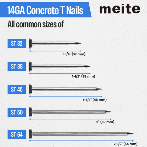 Image showing size comparison of 14 Gauge Concrete T Nails for Pneumatic Nailer Gun, featuring various lengths and specifications.