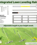 Integrated Lawn Leveling Rake setup, 6.5 ft extendable stainless pole, 30 x 10 in leveling head, adjustable angles shown