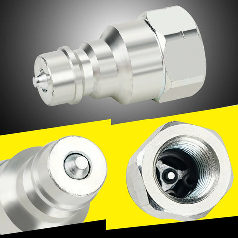 ANCIMOON 1/4'' ISO 5675 poppet hydraulic quick-connect coupler in silver with dust caps; front and side views.
