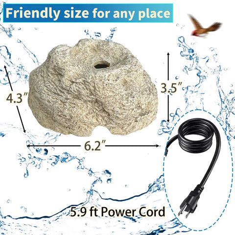 Bird Bath Fountain With 7.5W Pump, Resin Granite Rock Water Feature For Garden Patio Lawn, Easy Setup For Hummingbird Birdbath, Fish Tank And Aquariums, Safe Auto Shutoff For Peace Of Mind, product dimensions and power cord shown.