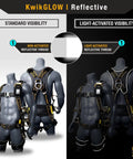 Solid As A Rock Full Body Fall Protection Safety Harness With Cushioned Lumbar Pad Multiple D Ring Attachment Points Quick Lock Buckles visible from back and front with reflective features.