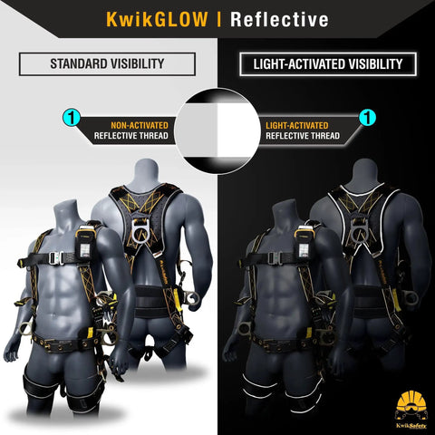 Solid As A Rock Full Body Fall Protection Safety Harness With Cushioned Lumbar Pad Multiple D Ring Attachment Points Quick Lock Buckles visible from back and front with reflective features.