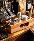 Premium Hardwood Espresso Tamping Station For 58mm Filters Clean Integration And Sweet Coffee Organizer with portafilter and tamper.