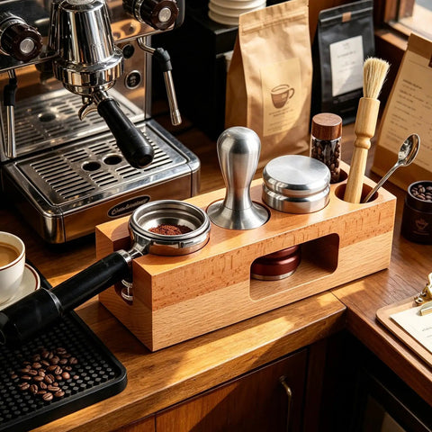Premium Hardwood Espresso Tamping Station For 58mm Filters Clean Integration And Sweet Coffee Organizer with portafilter and tamper.