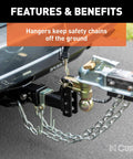 Heavy Duty Steel Trailer Safety Chain Holder Bracket For Two Inch Hitch Shank Bolt On Mount with safety chains off the ground.