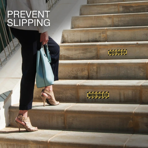 Watch Your Step Adhesive Vinyl Stickers Pack Two Count 10x3 Inch Bright Yellow And Black Hazard Signage For Doors Stairs Thresholds And High Visibility Areas In Homes Offices Warehouses And Public Spaces on concrete stairs