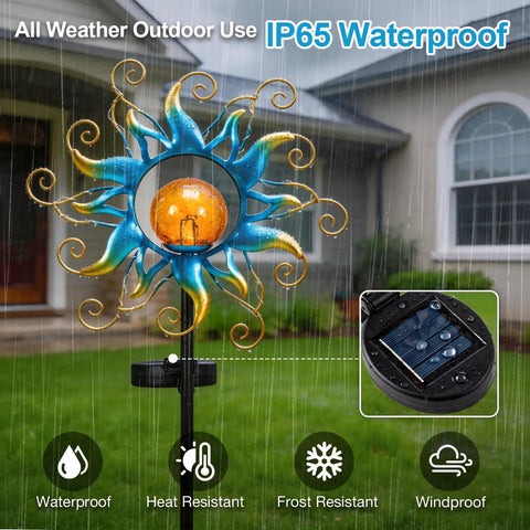 Outdoor Light Stakes for Garden Decor With Blue Metal Sun Crackle Glass Globes Waterproof 30 LED Pathway Lawn Yard Patio Lights