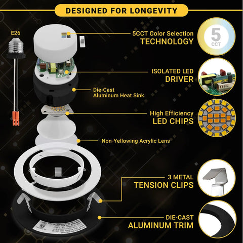 Exploded view of 4 Inch Gimbal LED Recessed Can Lights in Black Finish 5 CCT Tunable White 2700K to 5000K 750 Lumens 10W Dimmable 90 CRI