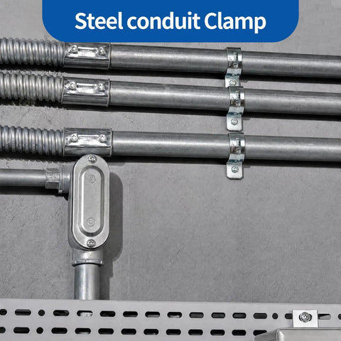 Steel conduit clamps secure zinc plated pipes, showcasing Heavy Duty One Hole 1/2 Emt Straps 100 Pack Zinc Plated Steel Conduit Clamps For Electrical Tubing.
