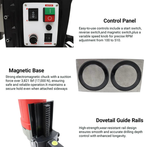 Close-up of Heavy Duty Magnetic Drill Press 1400W control panel and magnetic base features for structural steel work.