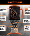 Flash Java 1.8L Portable Stove With Coffee Press, orange topo, showing features like silicone handles and auto ignition for camping.