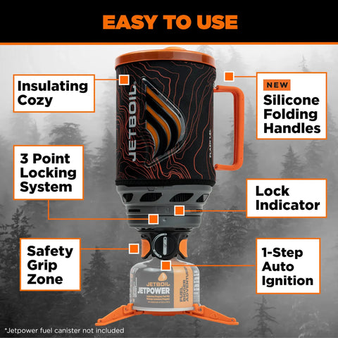 Flash Java 1.8L Portable Stove With Coffee Press, orange topo, showing features like silicone handles and auto ignition for camping.