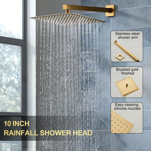 Premium Brushed Gold Shower System With Slick 10 Inch Rainfall Head And Wall Mount Faucet Kit Designed For Bullseye USA Plumbing Fit And Offers A Legit Heavy Duty Vibe