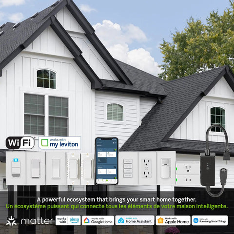 Smart home with Decora Smart WiFi Light Switch With Matter Compatibility, app interface on phone, various switches shown.
