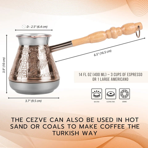 Leopard Copper Turkish Cezve 14 Fl Oz 400 Ml Large Turkish Coffee Pot With Wooden Handle for Turkish Greek Arabic Coffee Makers