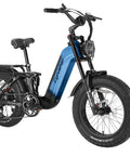 Blue Fat Tire Electric Bike For Epic Mountain Trails And Smooth City Cruising With Killer Torque Hella Durable Frame Long Range Battery Plus Utility Bike Bag For Zero Hassle Daily Rides side view showcasing chunky tires and sturdy frame.