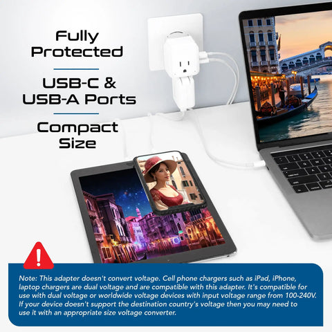 US To Italy Travel Plug Adapter Set With 2 Outlets, USB C 20W PD And QC 18W Fast Charge, plugged into wall near laptop and tablet
