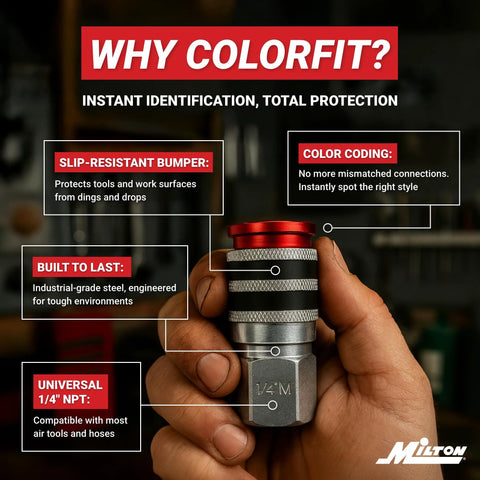 Milton Colorfit 1/4in NPT quick-connect coupler with rubber bumpers; red top and knurled silver body