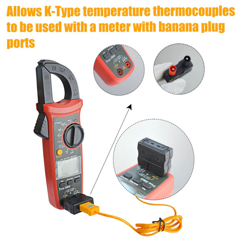 ZIBOO 69146 banana plug adapter for K-type thermocouples with digital clamp meter and yellow test leads