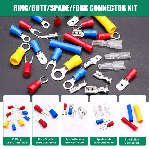 Pro-Grade 1100-Piece Wire Connectors Kit With Spade Fork Ring Bullet Terminals, assorted connectors on black surface