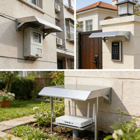 Heavy Duty EV Charger Cover With Sloped Stainless Steel Roof, Rock Solid Weatherproof Sun Shade Canopy, All Season Electric Vehicle Charging Station Shield, Built Tough To Kick Rain And Snow mounted on a wall, protecting a meter and keypad.