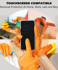 General Medi nitrile industrial gloves, orange with raised diamond texture, size XL, hands holding smartphone (front view)