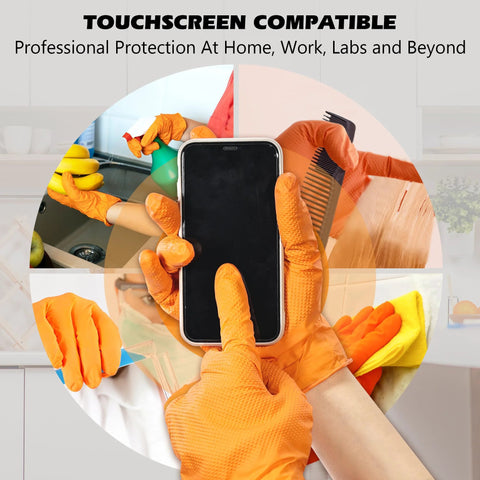 General Medi nitrile industrial gloves, orange with raised diamond texture, size XL, hands holding smartphone (front view)