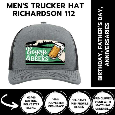 Funny Bogeys And Beers Golf Hat For Men With A Classic Trucker Look featuring humorous bogey beer patch for laughs on the course.
