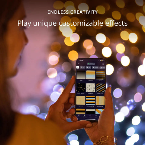 Person using smartphone to control Smart LED String Lights 400 LEDs for Indoor and Outdoor Use, 105ft Long, Warm to Cool White, app display