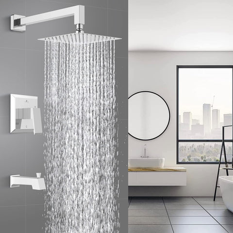 Chrome Shower Faucet Set With High Pressure Square Rain Shower Head And Handle, Wall Mounted Luxury Rainfall Shower Fixture