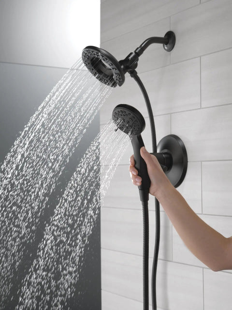 Dual Shower Head With Handheld Spray 2 In 1 Matte Black With Hose 1.75 GPM Flow Rate Four Spray Options in use