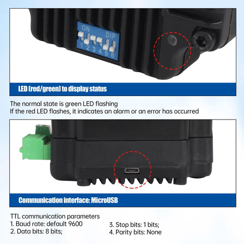 CNCTOPBAOS integrated NEMA34 closed-loop stepper driver with LED indicators and DIP-switch panel, MicroUSB port