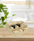 Straight Fire Nine Grid Watch Storage Tray With Plush Linen Cushion Slick Display Plate And Heavy Duty Jewelry Holder Dish For Everyday Organization Projects with three watches arranged.