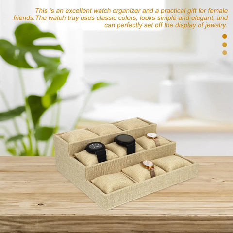 Straight Fire Nine Grid Watch Storage Tray With Plush Linen Cushion Slick Display Plate And Heavy Duty Jewelry Holder Dish For Everyday Organization Projects with three watches arranged.