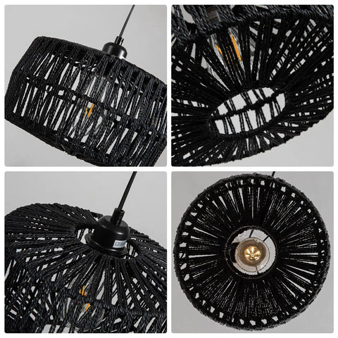 Black Woven Plug In Pendant Light With On Off Switch Rustic Round Ceiling Fixture Made From Natural Fibers Cozy Glow