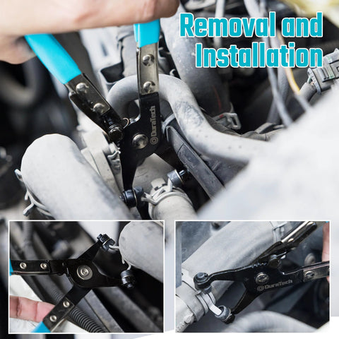 Hose Clamp Pliers With Swivel Flat Band For Automotive Repair multi-angle flexible jaws in-use close-up in engine.