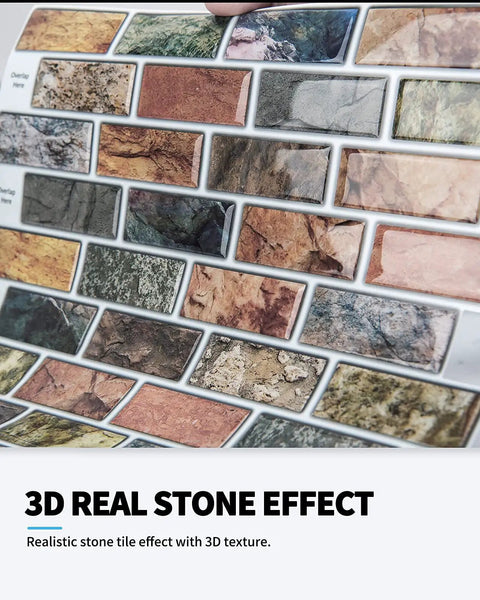 Peel And Stick Vinyl Backsplash Tiles 12x12 Colorful Marble Design 10 Piece Set showing 3D stone texture tiles.