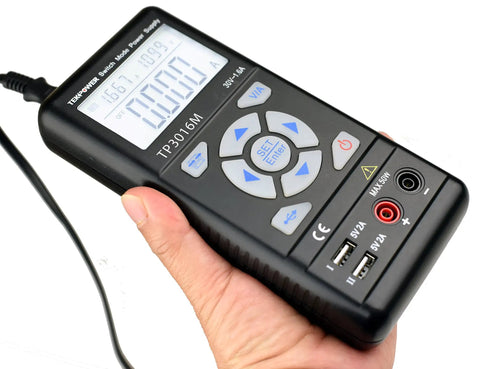 Portable Handheld DC Power Supply With USB Output Dope For Makers, Adjustable 0.3V To 30V And 0 To 1.6A CC CV Control in hand