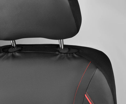 Universal Piping Leather Front Seat Covers Set For SUV Sedan Van And Truck, Waterproof Faux PU Leather, Black Red headrest detail