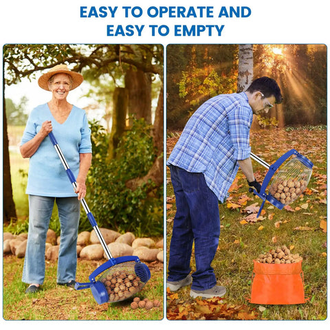 No Sweat Garden Roller Basket For Walnuts Pinecones And Gumballs large rolling cage in use by person collecting walnuts outdoors.