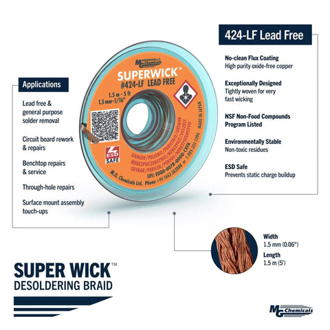 Lead Free Desoldering Braid Pro Grade Fine Weave Super Wick For Solder Removal 0.05 Inch Width 5 Foot Length RoHS Compliant