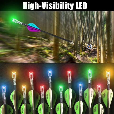 Six Pack LED Lighted Nocks For Crossbow Bolts With 24 Bushings in various colors shooting towards a target