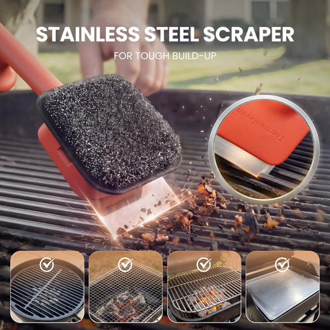 Bristle Free BBQ Grill Brush With 17 Inch Cool Touch Handle Steam Cleaner No Wire Bristle Scraper in use on grill