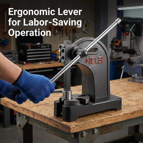 3 Ton Manual Arbor Press Built Like A Tank Heavy Duty Desktop Hand Press With Robust Cast Iron Construction And 12 Inch Work Height in use with ergonomic lever.