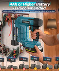Badass Two In One Cordless Brad Nailer And Staple Gun Combo in use, displaying battery recommendations and nail application.