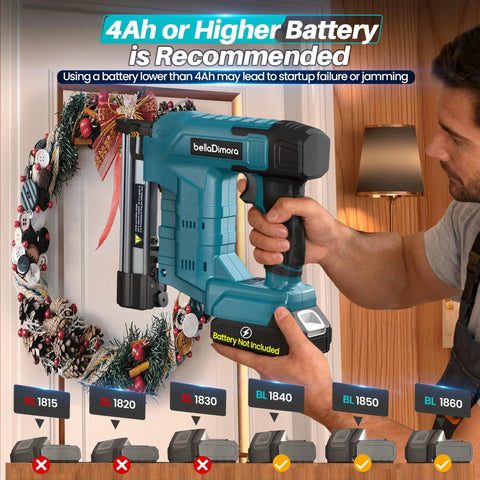 Badass Two In One Cordless Brad Nailer And Staple Gun Combo in use, displaying battery recommendations and nail application.