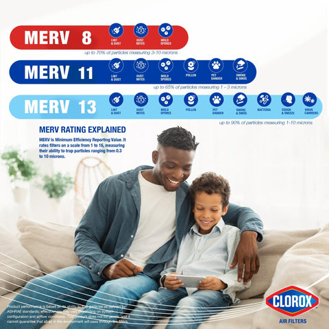 Father and son sitting with tablet, MERV ratings overview; highlights MERV 11 for Beefed-Up 16x25x1 Air Filter Pack of 4 With MERV 11