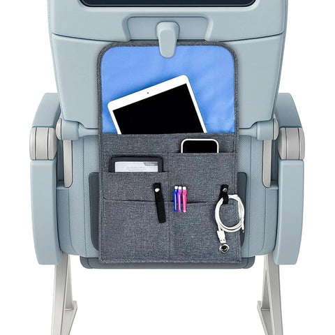 The Low Key Essential Airplane Seat Back Organizer Expands Over Tray Tables To Keep Your Commuter Carry On Gear Crisp And Stress Free During Every Seamless Flight journey, featuring a gray fabric design with slots for devices and pens.