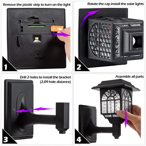 4-step installation of Solar Fence Lights 2 Pack Outdoor Waterproof Lanterns With Warm White LED for walls and posts.