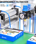 One Quarter Inch NPT Air Filter Regulator Kit With Gauge For Compressors 0 To 145 PSI 5 Micron Brass Element Keeps Air Clean And Moisture Free For Pro Grade Heavy Duty Pneumatic Tools displayed on workbench with gauge and blue tubing.